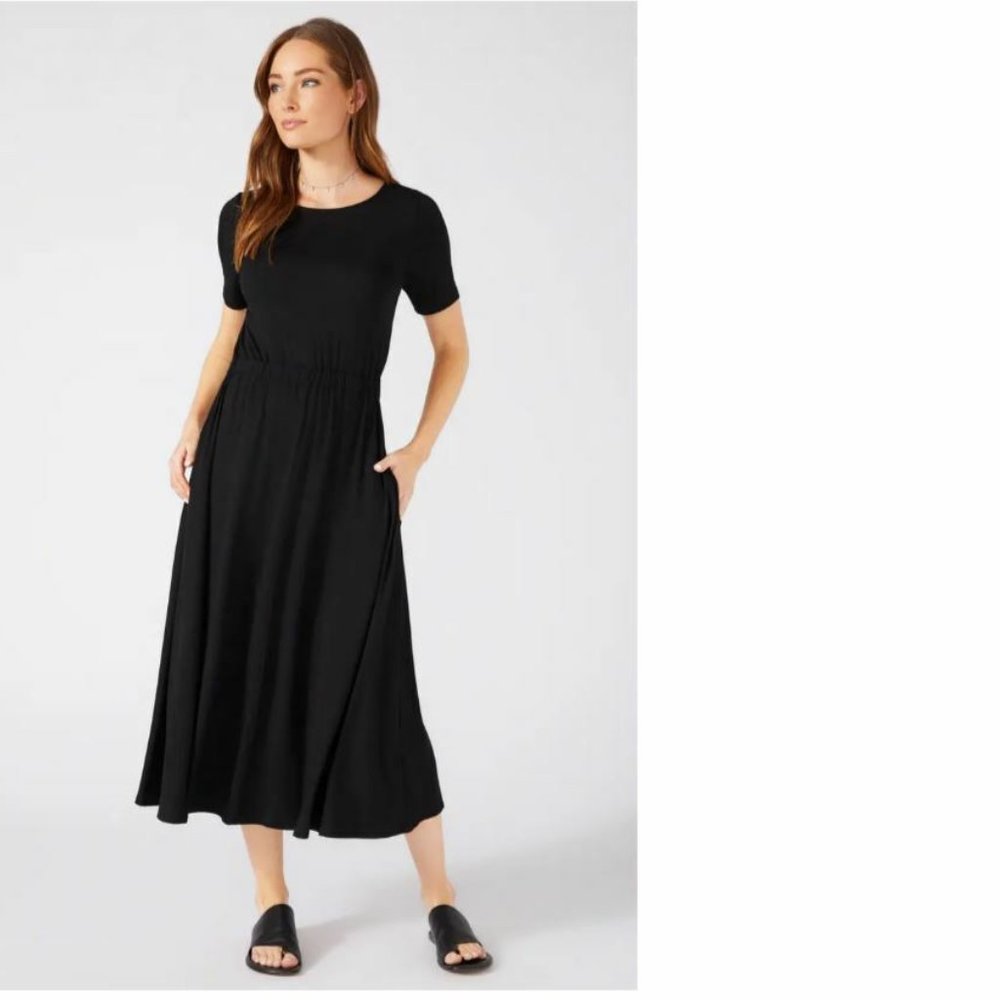 Karen Kane Black Cinched Waist & Swingy Midi Skirt Artisan Dress Size Small NWT - Picture 2 of 13